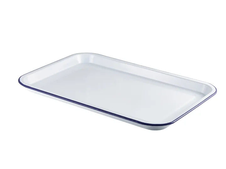 Emaille foodplateau wit/blauw 30,5 x 23,5 cm